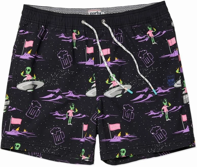 Party Pants USA Men’s Swim Trunks, Characters, Stretch Swimming Board Shorts, 5.5” Inseam