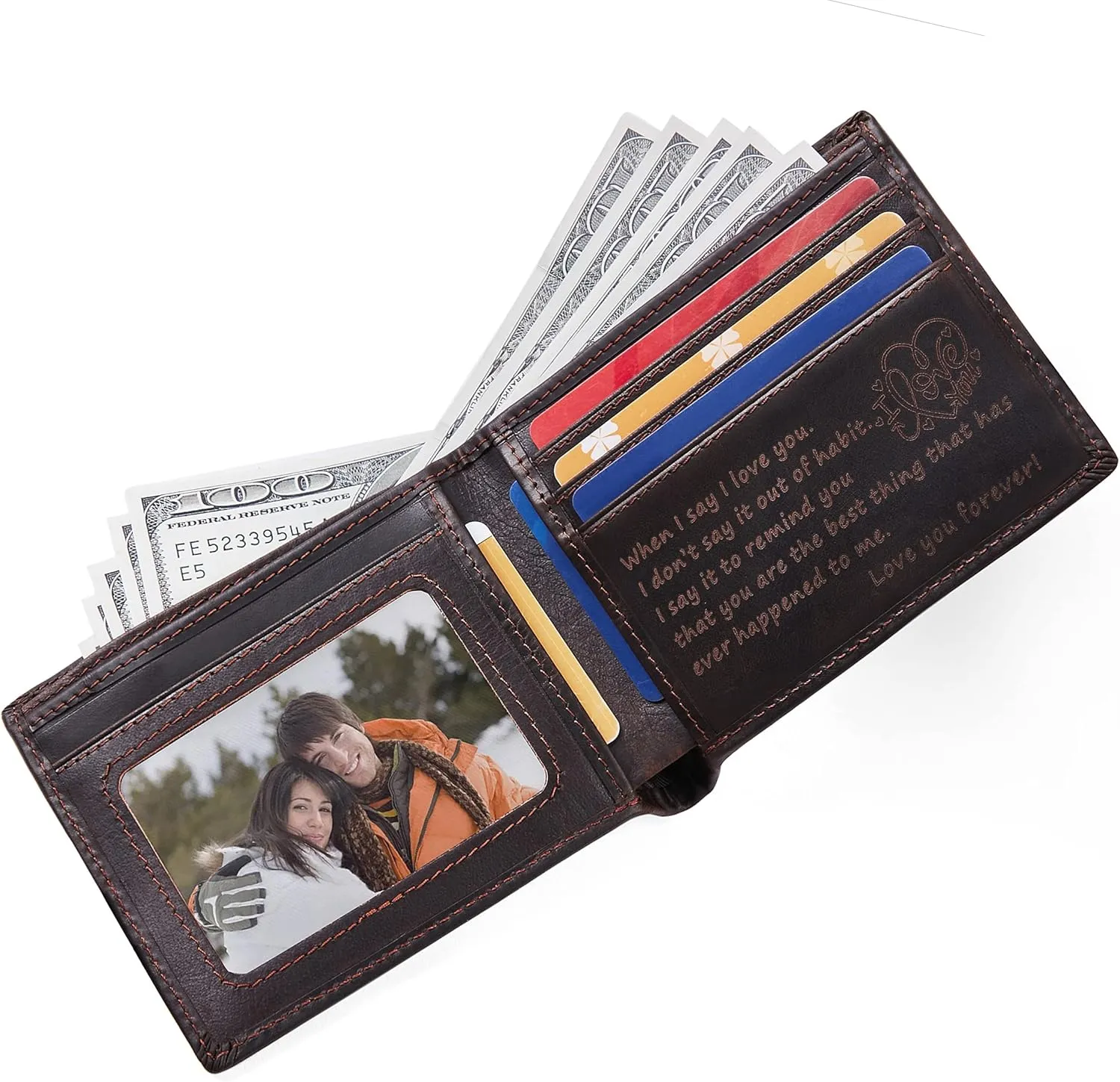 Personalized Engraved Leather Wallet for Boyfriend Husband from Wife Girlfriend - I Love You - Mens Custom Love Message Bifold Wallets - Valentines Day Christmas Birthday Anniversary Wedding Gift