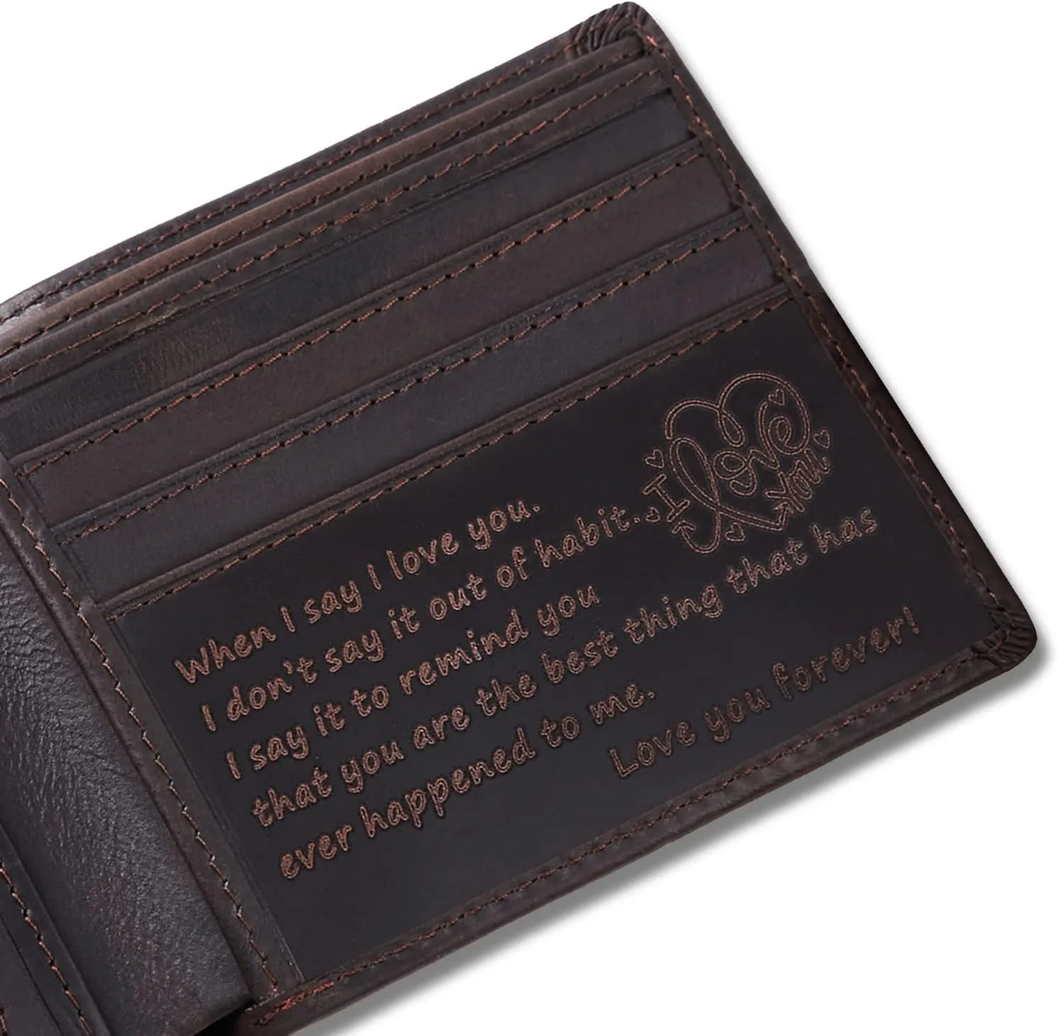 Personalized Engraved Leather Wallet for Boyfriend Husband from Wife Girlfriend - I Love You - Mens Custom Love Message Bifold Wallets - Valentines Day Christmas Birthday Anniversary Wedding Gift