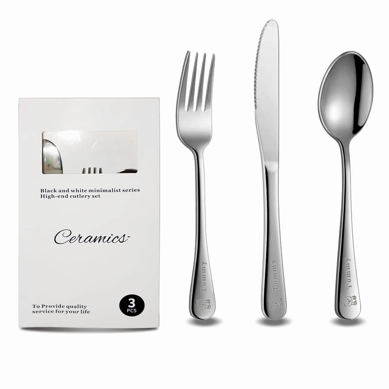 Personalized Cutlery Set of 3, Kids Dinosaur Utensils Engraved Spoon Knife Fork Set - Children's Stainless Steel Cutlery Set for Kitchen Gift for Children, Kids Size 9inch