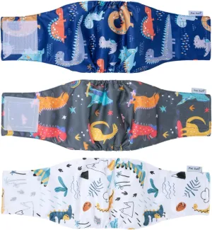 Pet Soft Dog Belly Band - 3 Packs Reusable Dog Diapers Male|Male Dog Diapers Belly Wraps - Washable Dog Belly Bands for Male Dogs(Dino, S)