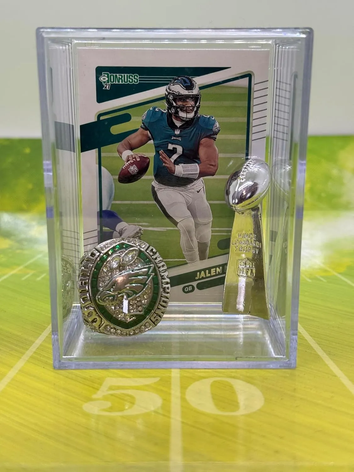 Philadelphia Eagles 2025 Super Bowl LIX Replica Championship Ring & mini Lombardi Trophy Shadowbox w/Jalen Hurts Card
