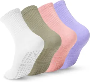 Pilates Yoga Socks with Grips for Women - Crew Length Ballet Barre Socks - Sticky Workout Hospital Socks