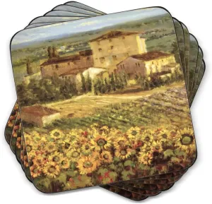 Pimpernel Tuscany Coasters - Set of 6 Cork Backed Square Drink Coasters with Rustic Vineyard Scene - Heat & Stain Resistant Surface Protectors for Italian Table Decor or Mediterranean Kitchen Themes