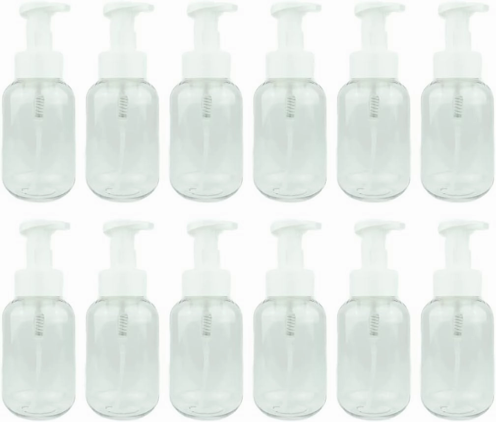 Plastic Clear 10oz Foam Soap Spray Bottle: 12 pack - Empty Spray Bottles - Clear Refillable Container for Water, Essential Oils, Hair, Adjustable Head Sprayer and Stream