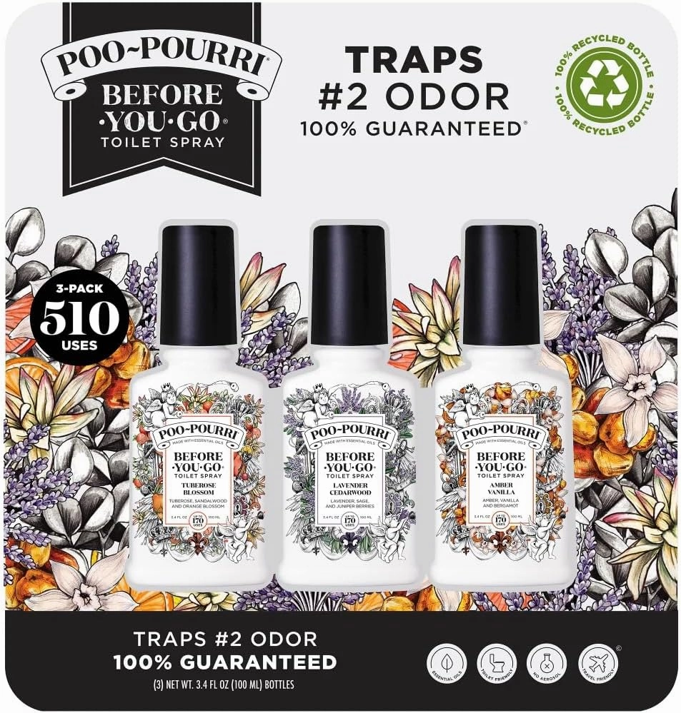 Poo-Pourri Toilet Spray Set, Variety Pack, 3.4 fl oz, 3-count, Includes Tuberose Blossom, Lavender Cedarwood, and Amber Vanilla