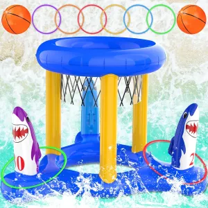 Pool Toys Pool Floats Pool Games for Kids Adult, Inflatable Pool Basketball Hoop & Ring Toss Game, 2-in-1 Pool Floating Outdoor Party Water Toy for Adults Family Kids Ages 4-8-12 (Blue-1)