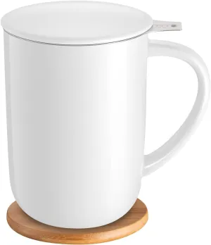 Porcelain Tea Mug with Infuser and Lid, with Filter and Coaster, Loose Leaf Tea Cup Steeper Maker, 16 OZ for Tea/Coffee/Milk/Women/Office/Home/Gift (White)