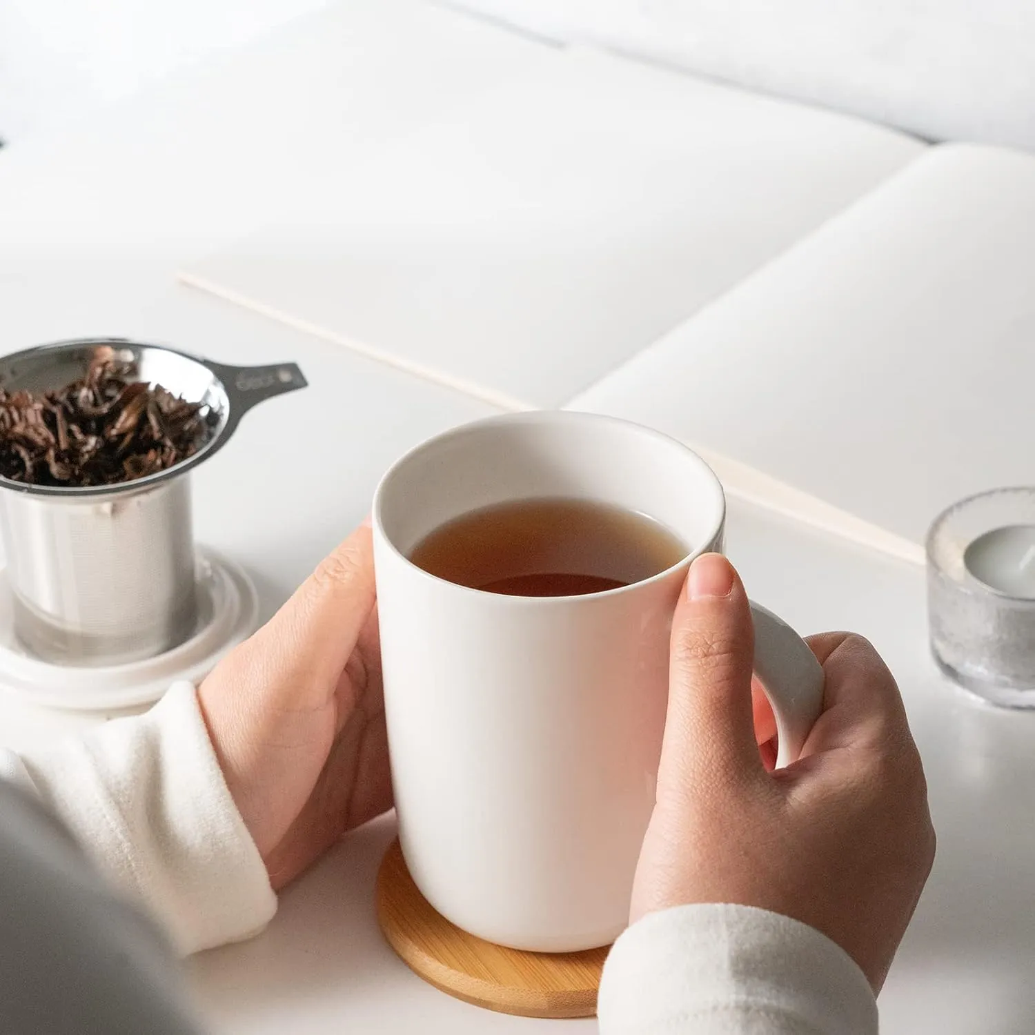 Porcelain Tea Mug with Infuser and Lid, with Filter and Coaster, Loose Leaf Tea Cup Steeper Maker, 16 OZ for Tea/Coffee/Milk/Women/Office/Home/Gift (White)