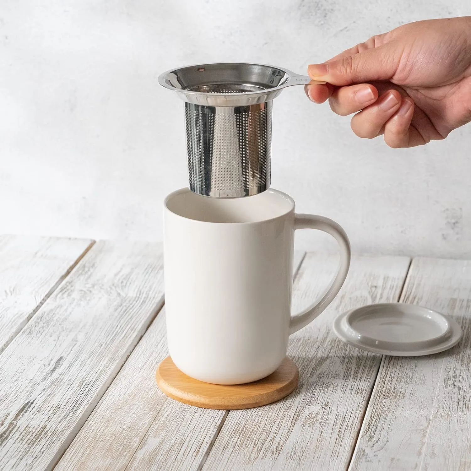 Porcelain Tea Mug with Infuser and Lid, with Filter and Coaster, Loose Leaf Tea Cup Steeper Maker, 16 OZ for Tea/Coffee/Milk/Women/Office/Home/Gift (White)