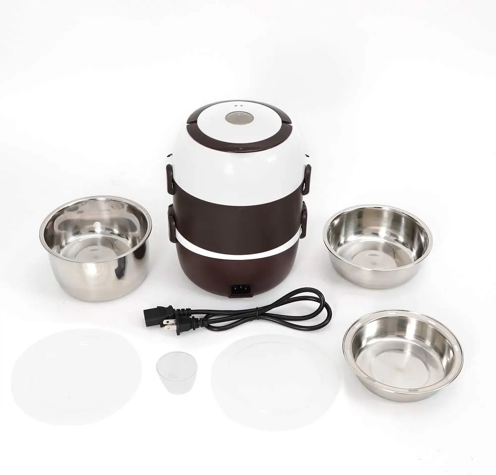 Portable Electric Heating Lunch Box, 2L Food Warmer Heater Rice Cooker, 110V 200W Steamer Pot 3 Layer Stainless Steel Inner Pot Multifunctional Mini Warmer Container for Home Office Outdoor Travel