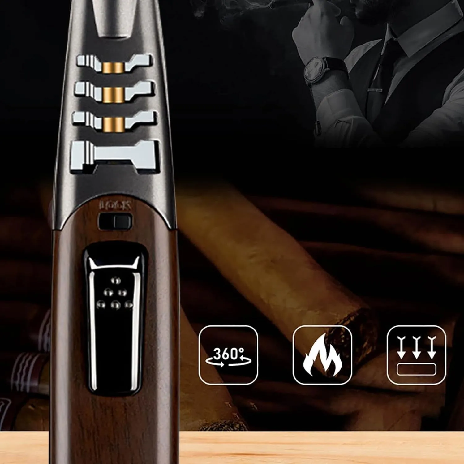 Portable Small Lighter, Windproof Straight Strike Strong Adjustable Flame Torch Lighter, Metal Gas-Filled Butane Torch Lighter, Waterproof and Windproof for Outdoor Activities(Brown2)