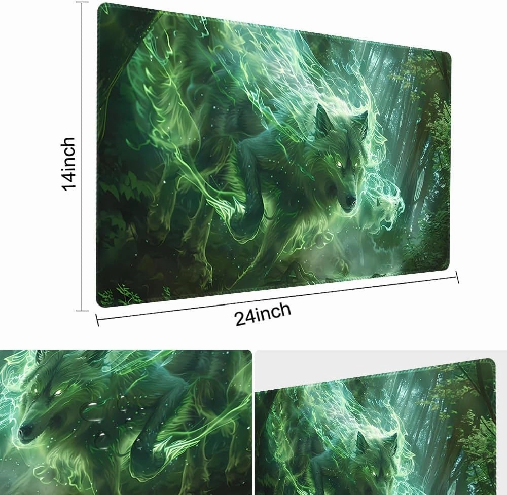 Premium Board Game 24x14in TCG Playmat Compatible for OCG CCG RPG MTG Play Mats,Mousepad Desk Mat (040322-Green Wolf)