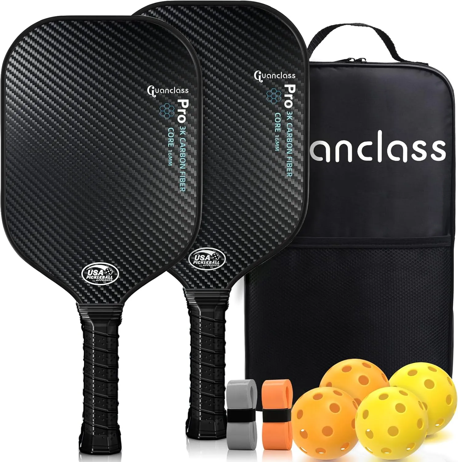 Pro Pickleball Paddle Set of 2, 3K Carbon Fiber Surface, 16mm Thick, Ultra-Light 7.6 oz, USAPA Approved, Textured Face, Extended Handle Design, Ultimate Control and Power Performance