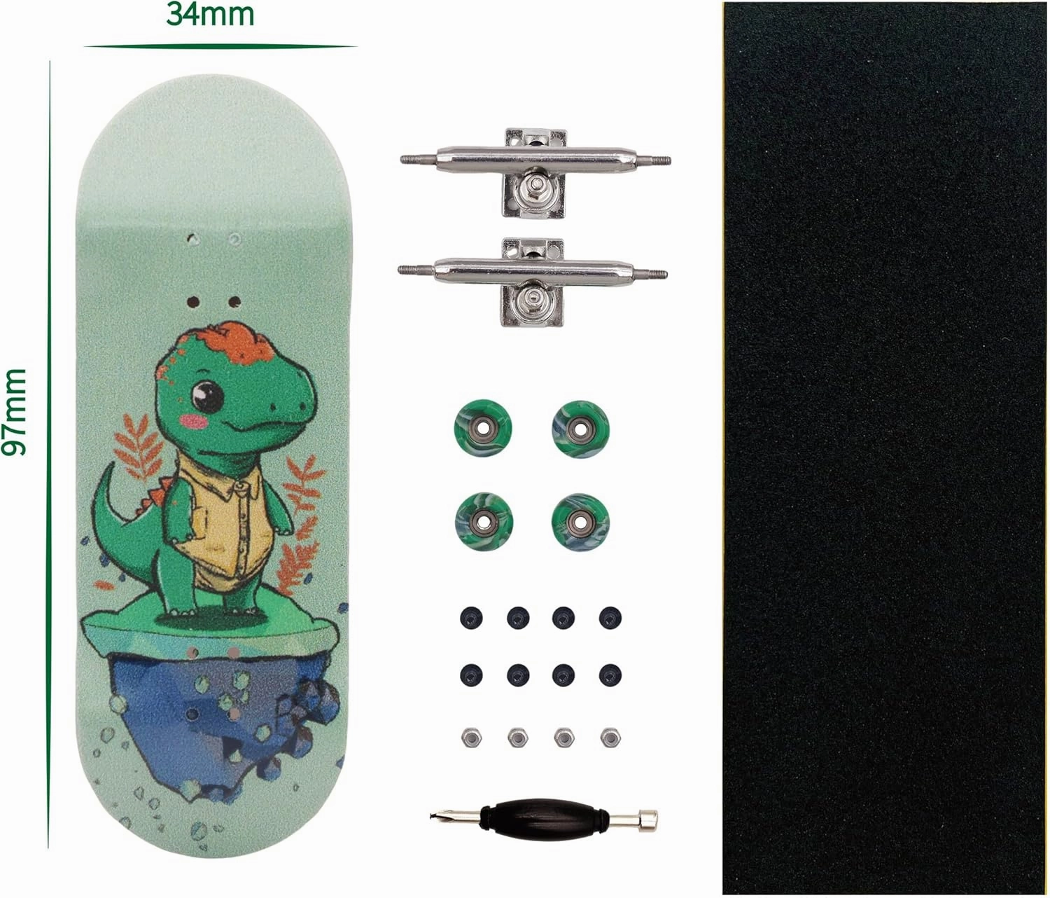 Pro Fingerboard 34mm Wooden Board Professional Finger Skateboard Trucks CNC Swirl Wheels (Dinosaur)