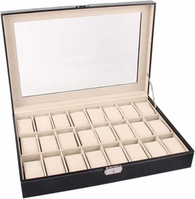 PU Leather 24 Slots, Classic Watch Organizer Box, Clear Lid Jewelry Holder Watch Case, Watch Storage Display Case