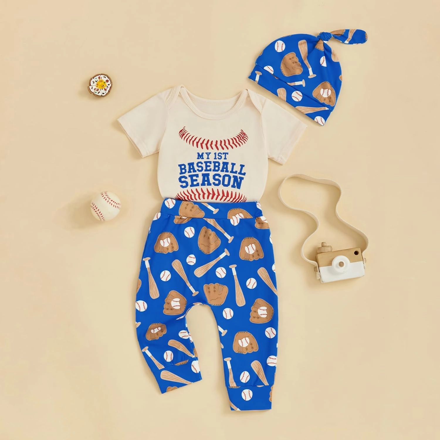 Pudcoco Infant Baby Boys My First Babeball Season Outfit Short Sleeve Bodysuit and Pants Set with Hat 3pcs Clothes