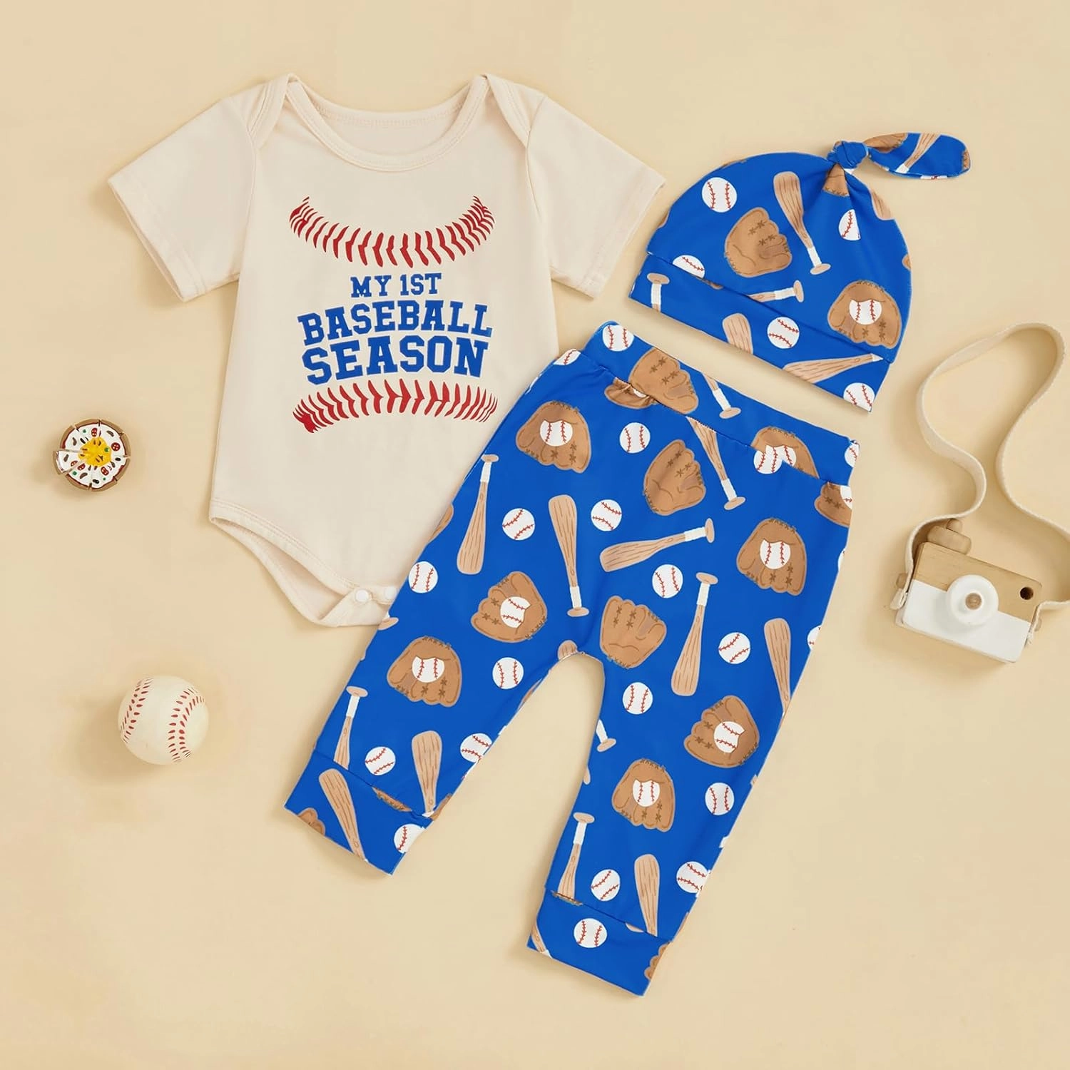 Pudcoco Infant Baby Boys My First Babeball Season Outfit Short Sleeve Bodysuit and Pants Set with Hat 3pcs Clothes