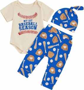 Pudcoco Infant Baby Boys My First Babeball Season Outfit Short Sleeve Bodysuit and Pants Set with Hat 3pcs Clothes