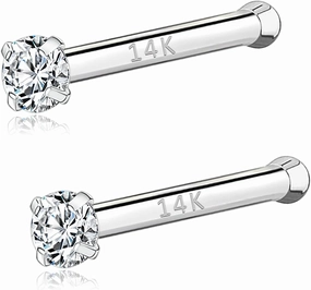PunkTracker 20g 14K Real Gold Nose Rings CZ Simulated Diamond Nose Studs Hypoallergenic Nostril Nose Piercing Jewelry for Women Men