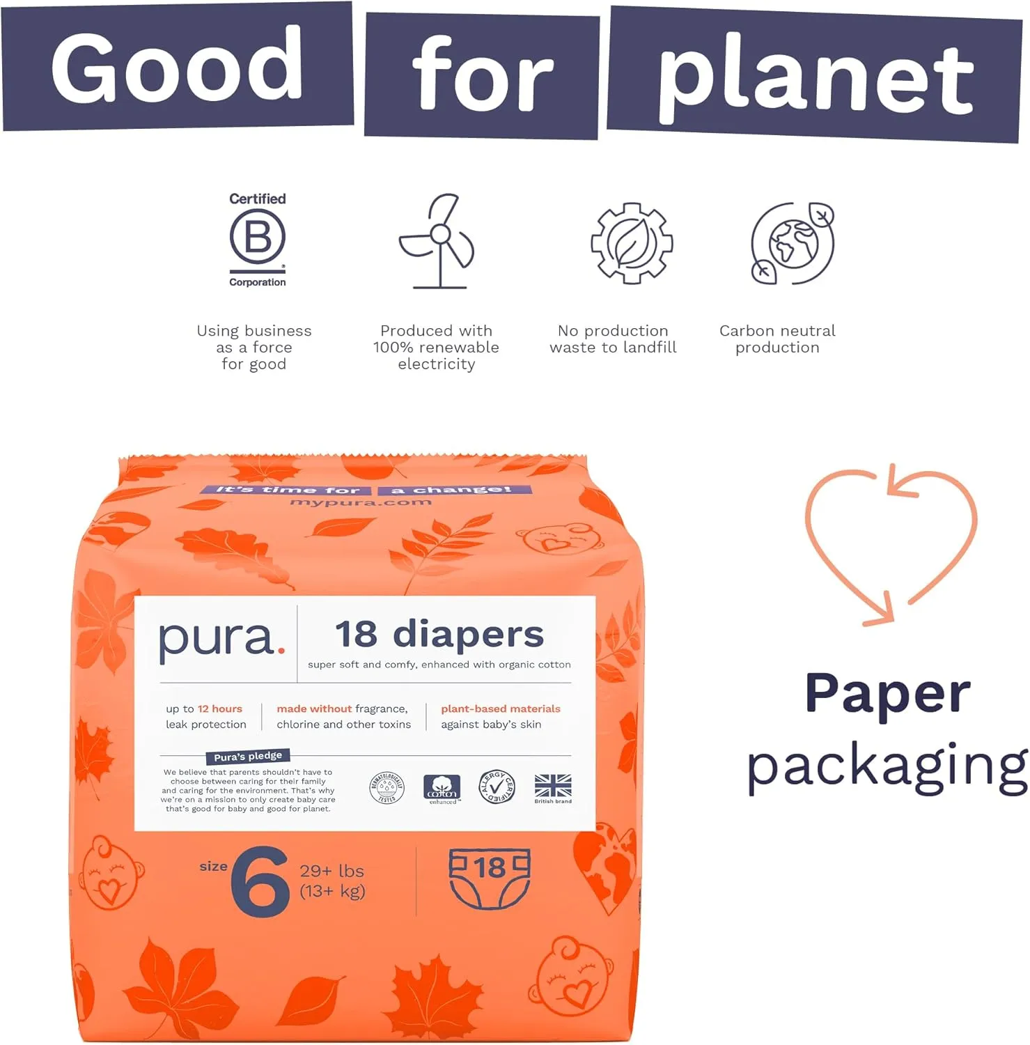 Pura Size 6 Eco-Friendly Diapers (29  lbs) Hypoallergenic, Soft Organic Cotton, Sustainable, up to 12 Hours Leak Protection, Allergy UK, Recyclable Paper Packaging, 18 Count (Pack of 3) (54 Diapers)