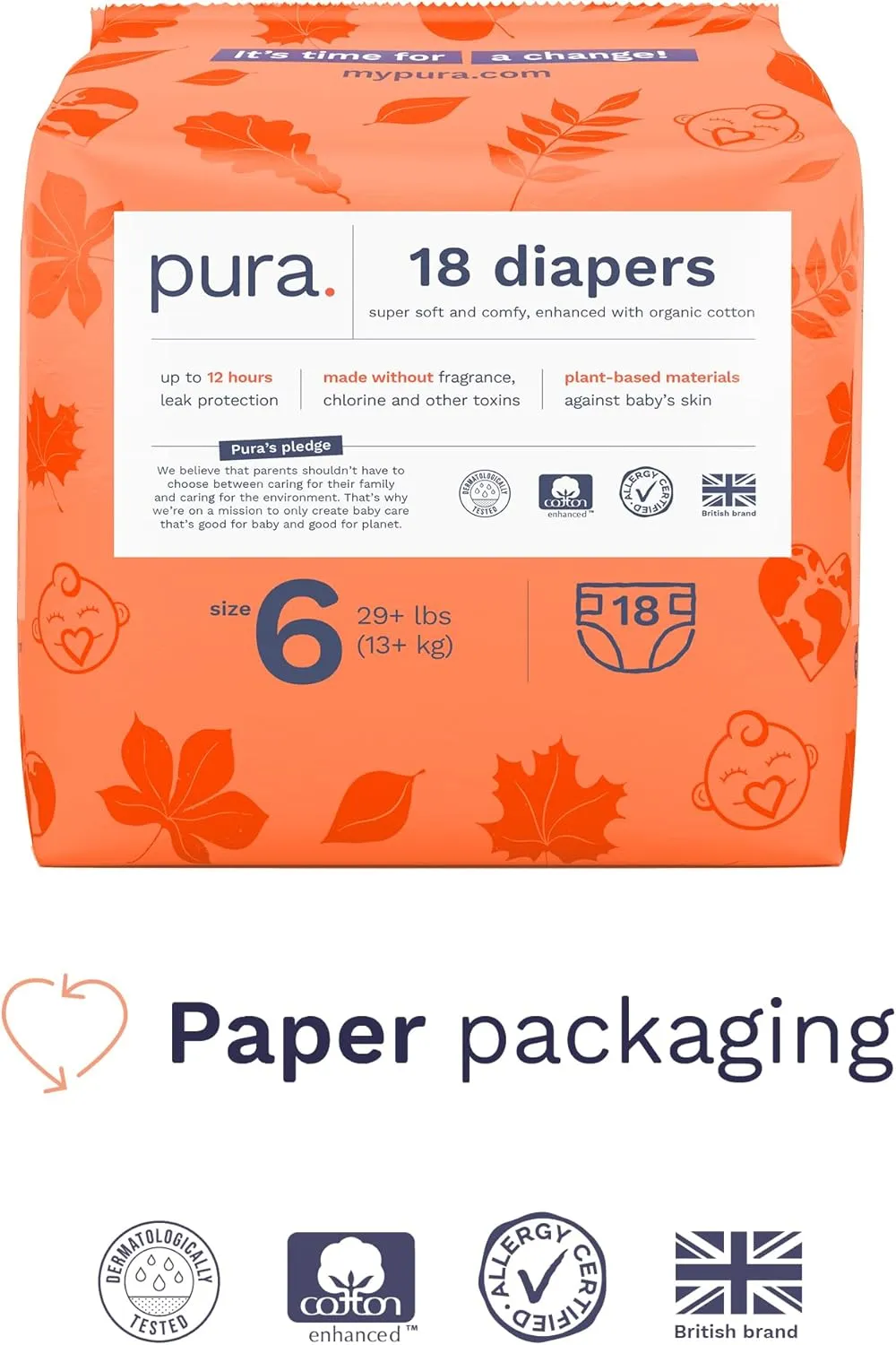 Pura Size 6 Eco-Friendly Diapers (29  lbs) Hypoallergenic, Soft Organic Cotton, Sustainable, up to 12 Hours Leak Protection, Allergy UK, Recyclable Paper Packaging, 18 Count (Pack of 3) (54 Diapers)