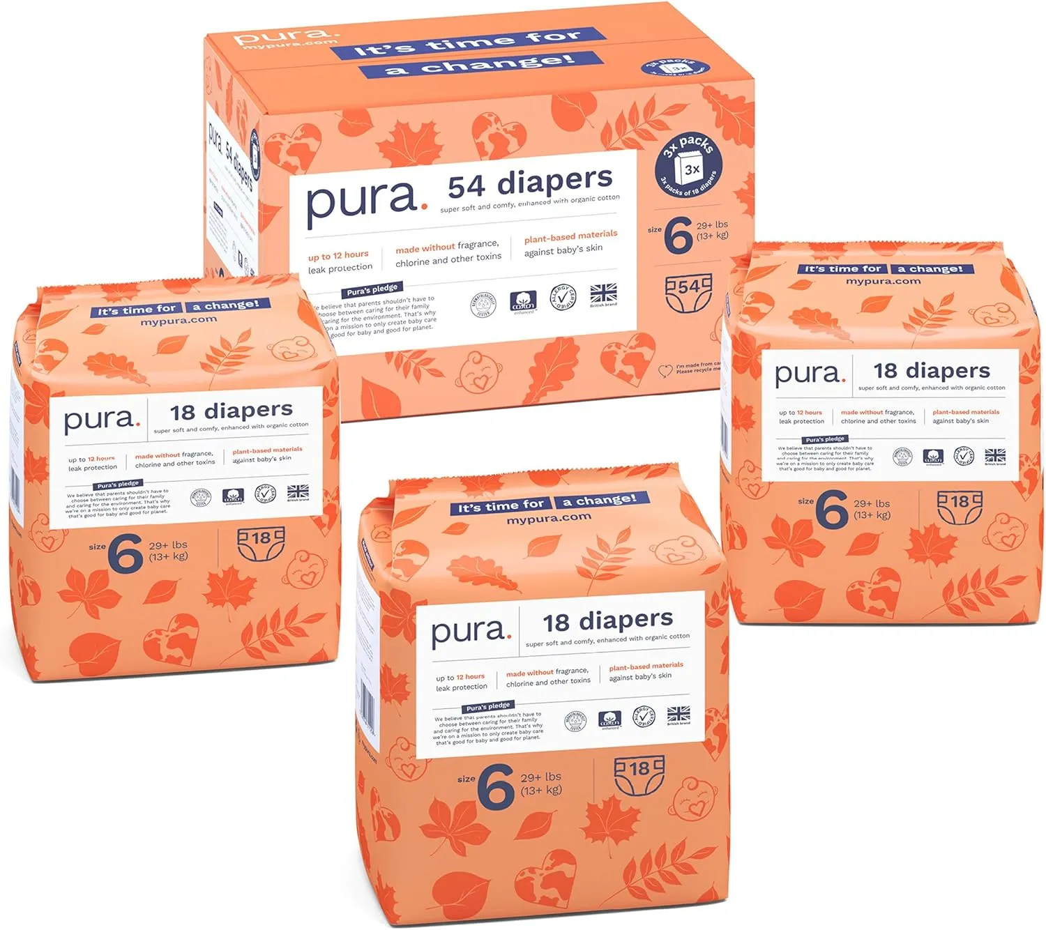 Pura Size 6 Eco-Friendly Diapers (29  lbs) Hypoallergenic, Soft Organic Cotton, Sustainable, up to 12 Hours Leak Protection, Allergy UK, Recyclable Paper Packaging, 18 Count (Pack of 3) (54 Diapers)