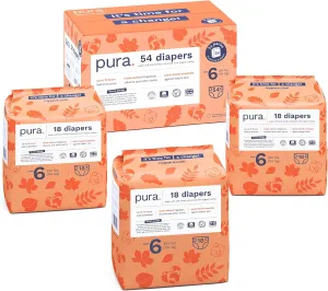 Pura Size 6 Eco-Friendly Diapers (29  lbs) Hypoallergenic, Soft Organic Cotton, Sustainable, up to 12 Hours Leak Protection, Allergy UK, Recyclable Paper Packaging, 18 Count (Pack of 3) (54 Diapers)