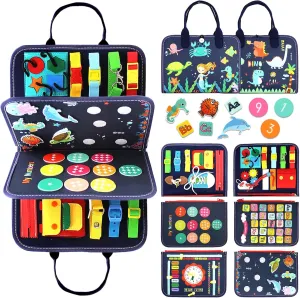 Qizfun Busy Board Montessori Toy for 1 2 3 4 Years Old, Educational Activity Sensory Board Preschool Learning Fine Motor Skills Toys, Toddler Travel Toy for Plane Car, Gift for Boys Girls (Blue/P4)