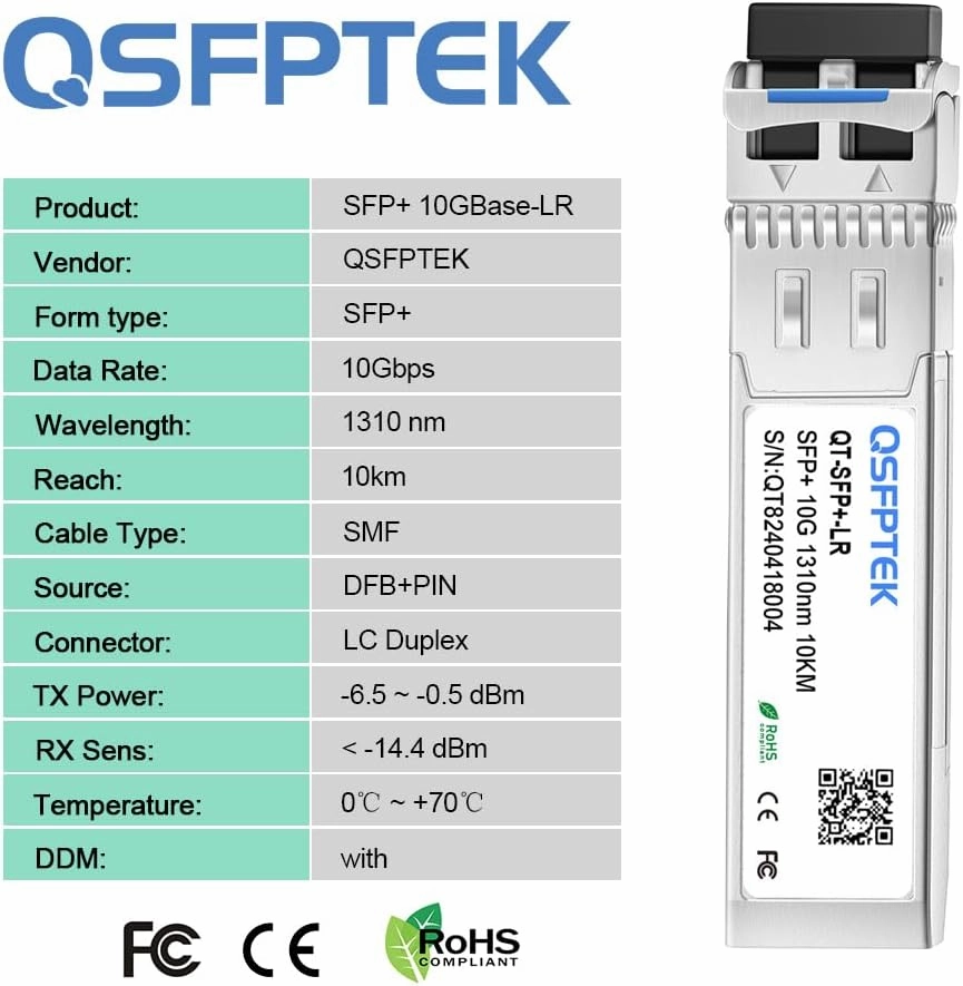 QSFPTEK 4Packs 10GBASE-LR Transceiver, 10G SFP  Patch Module, 1310nm, 10km, DDM LC, 10Gbe Ethernet Mini-GBIC for Cisco SFP-10G-LR, Ubiquiti UF-SM-10G, Mikrotik, Netgear, Qnap NAS, D-Link