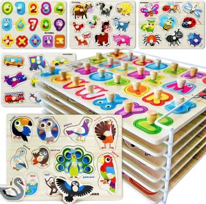 QUOKKA Wooden Puzzle Set – 9 Montessori Puzzles for Toddlers 3–5 | Alphabet, Numbers, Animals, Shapes, Human Body & More – Educational Toys for Preschool Learning