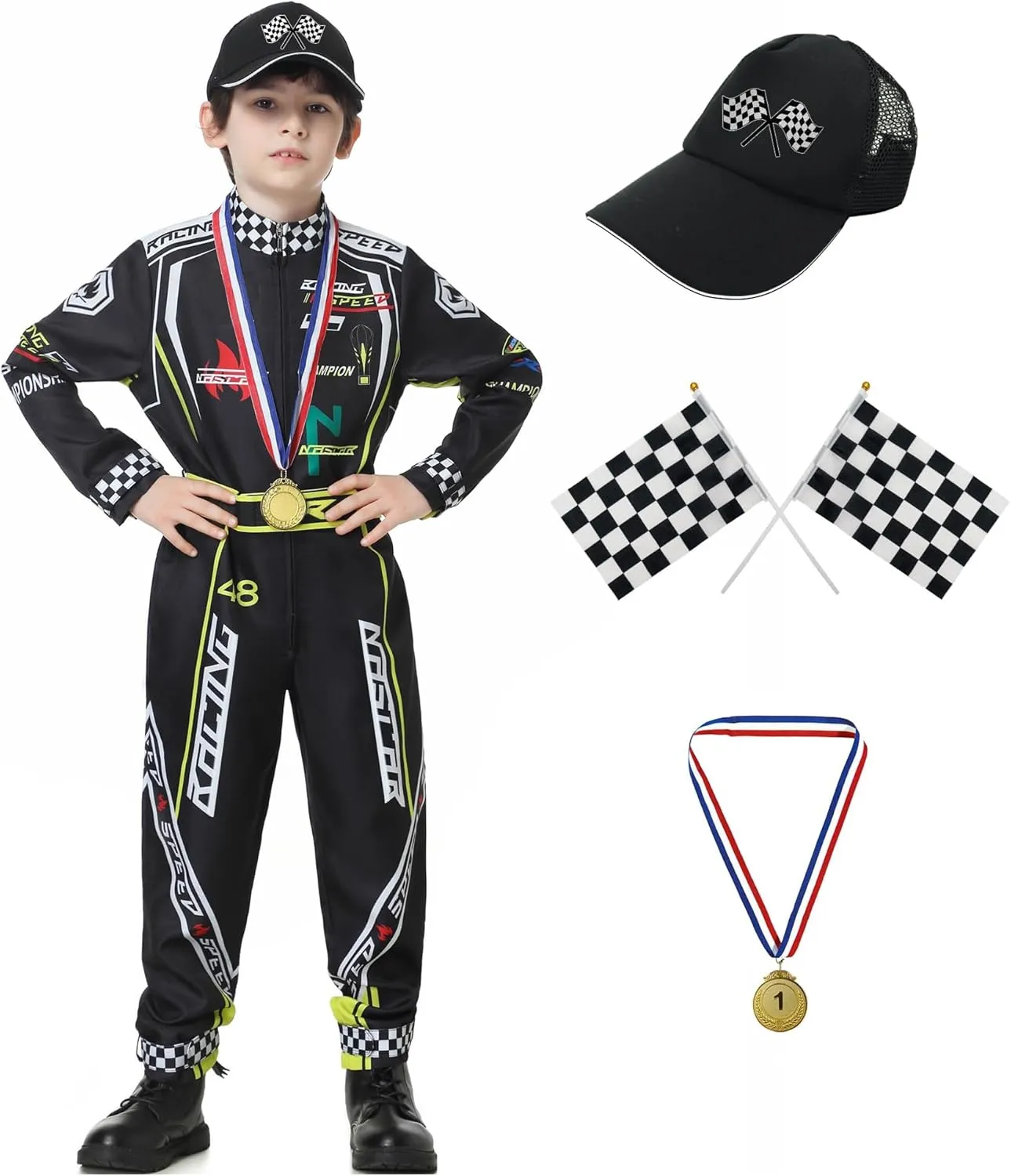 Race Car Driver Costume Boys Racer Jumpsuit With Car Cap Kids Dress Up for Halloween