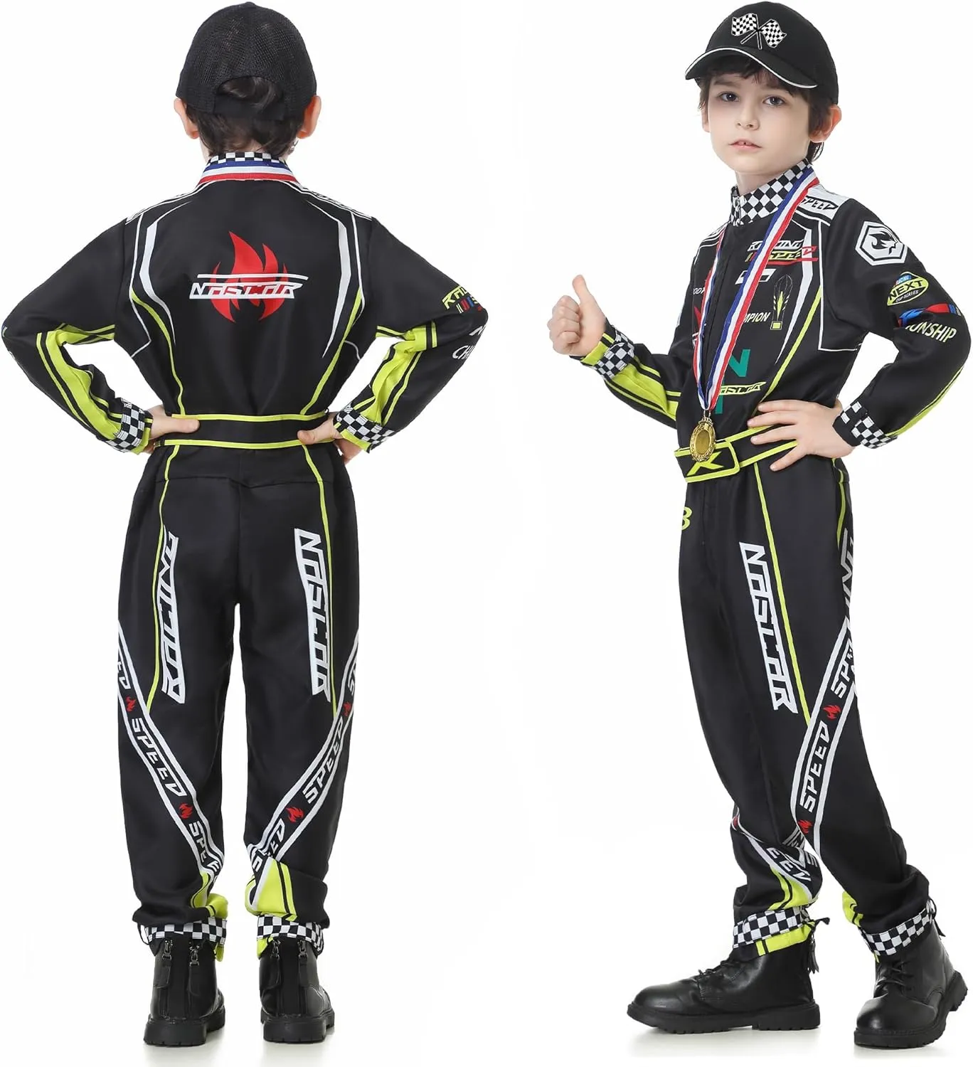 Race Car Driver Costume Boys Racer Jumpsuit With Car Cap Kids Dress Up for Halloween