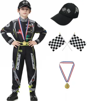 Race Car Driver Costume Boys Racer Jumpsuit With Car Cap Kids Dress Up for Halloween