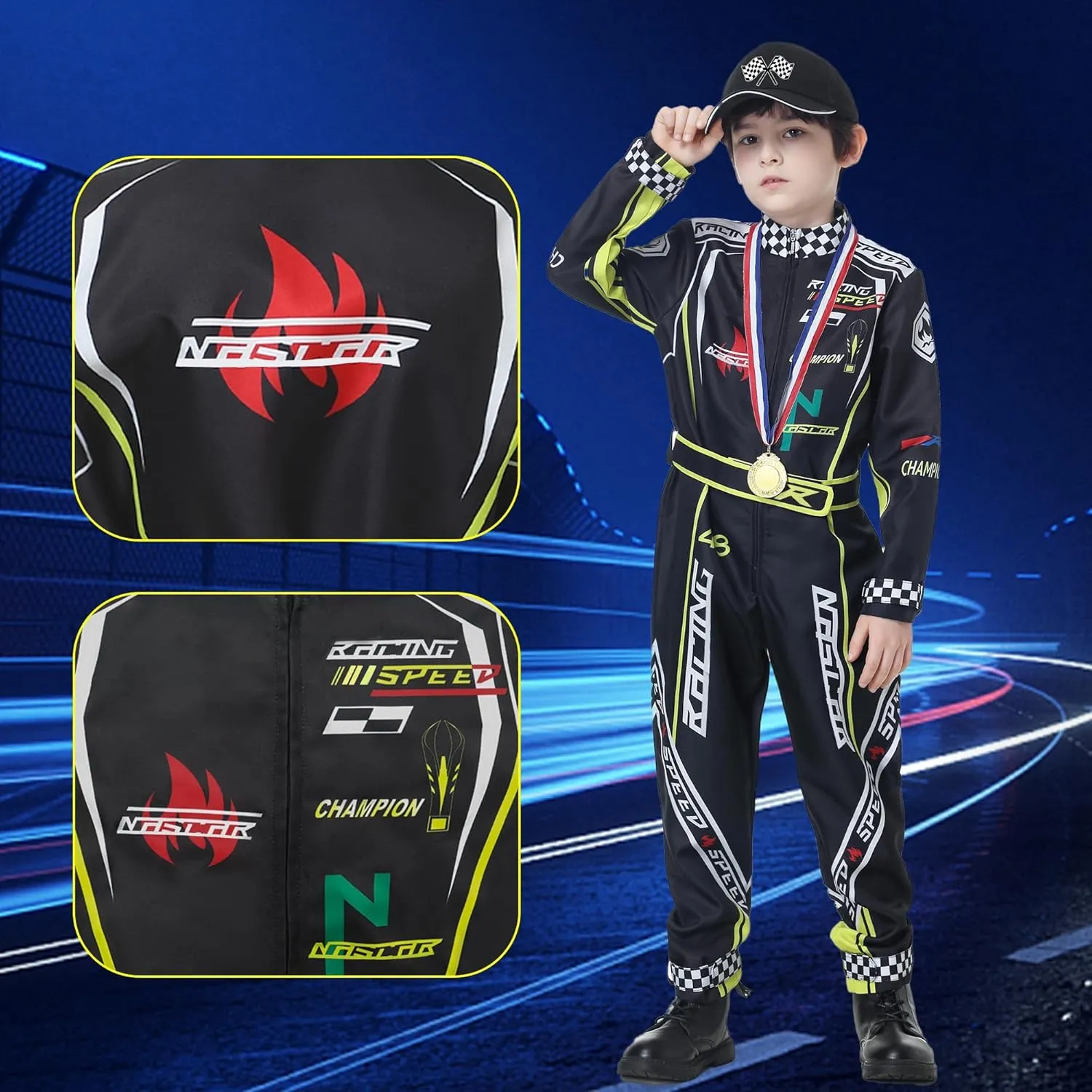 Race Car Driver Costume Boys Racer Jumpsuit With Car Cap Kids Dress Up for Halloween