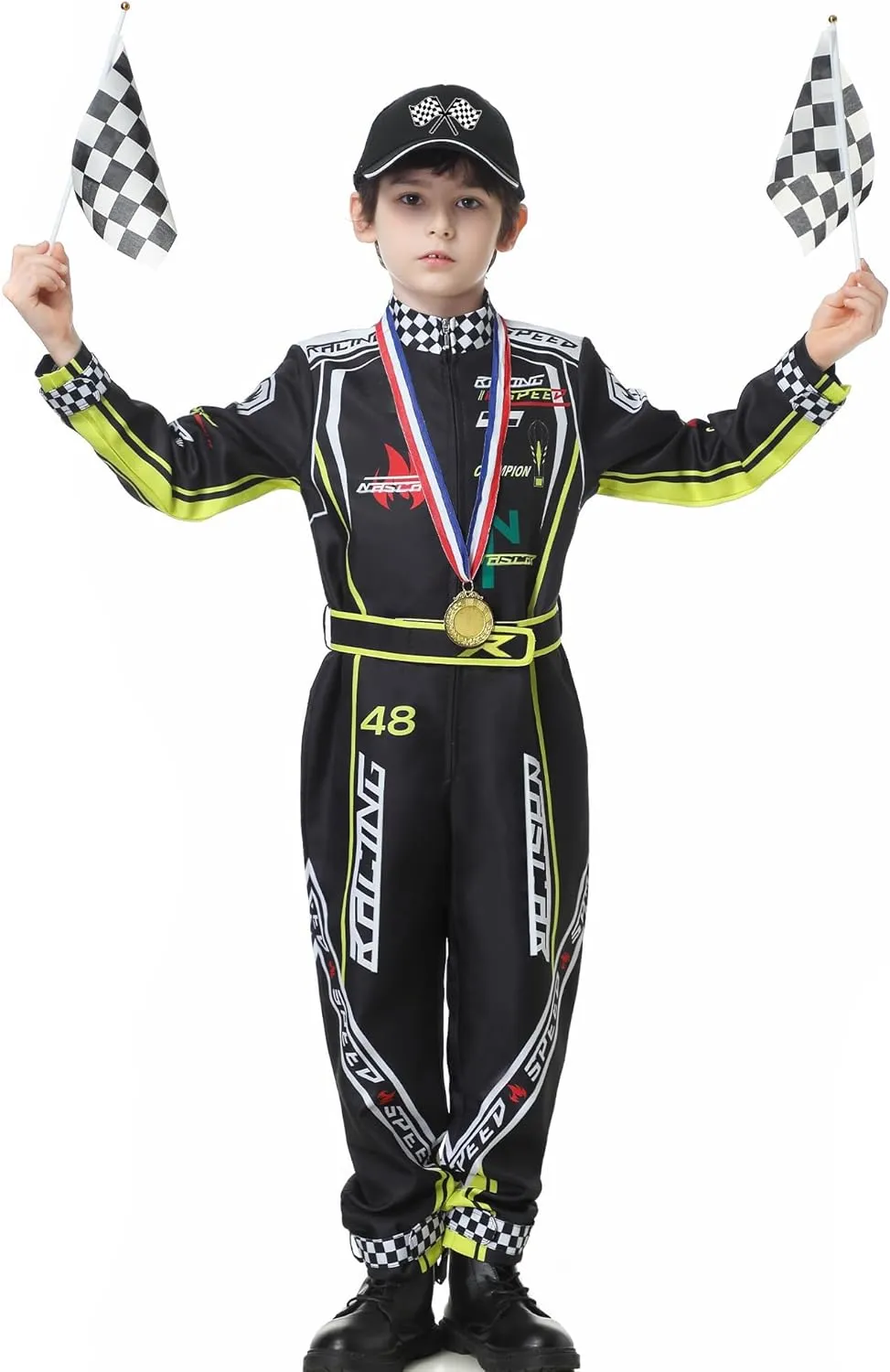 Race Car Driver Costume Boys Racer Jumpsuit With Car Cap Kids Dress Up for Halloween