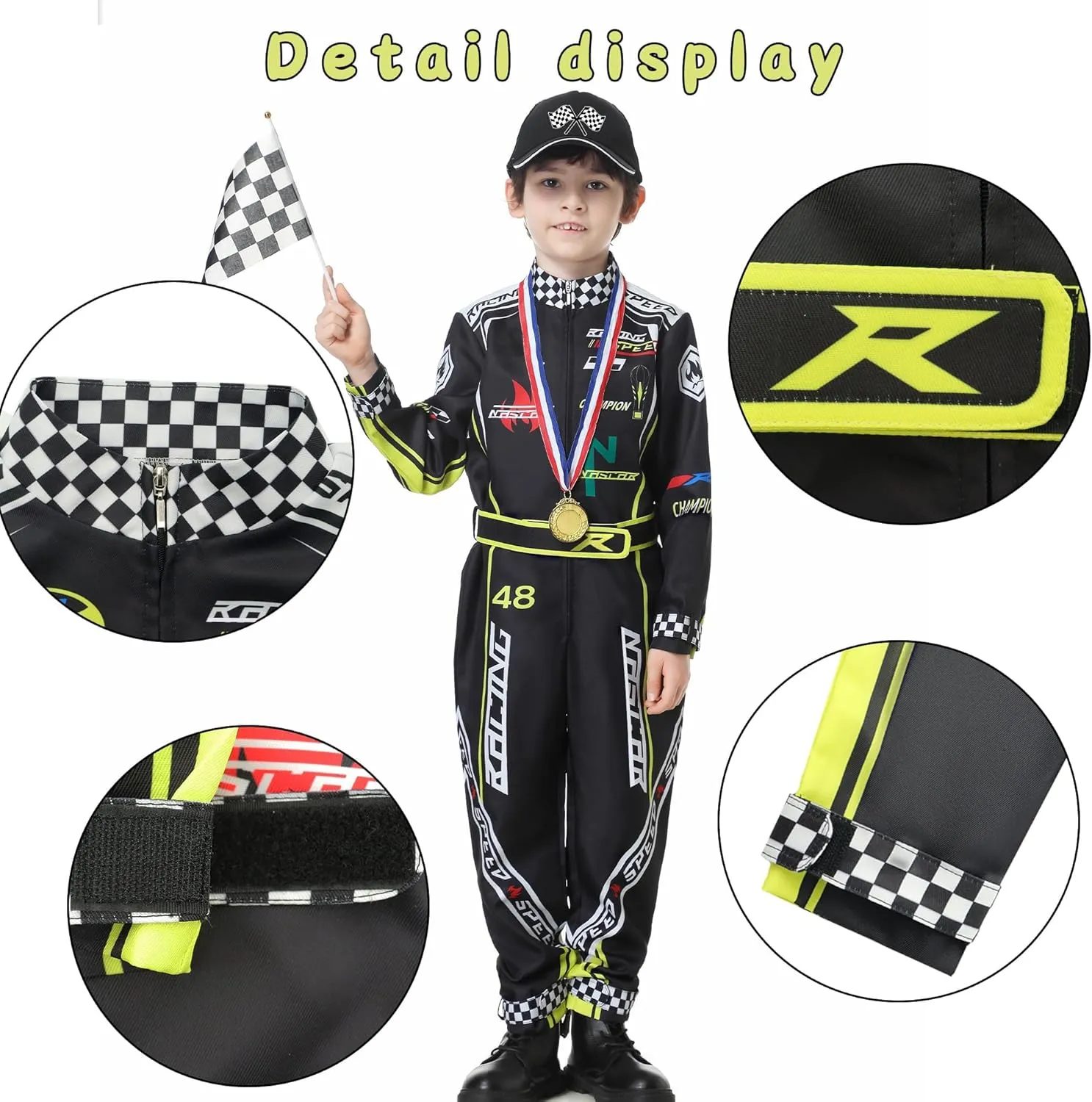 Race Car Driver Costume Boys Racer Jumpsuit With Car Cap Kids Dress Up for Halloween