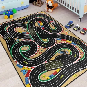 Racing Games Rug, 5x7 Ft Kids Carpet with Rubber Backing, 3D Cross Country Road Race Track Playmat Rugs Racing Karting Start and Finish line Play Mat Nursery Rugs for Children Room, Playroom