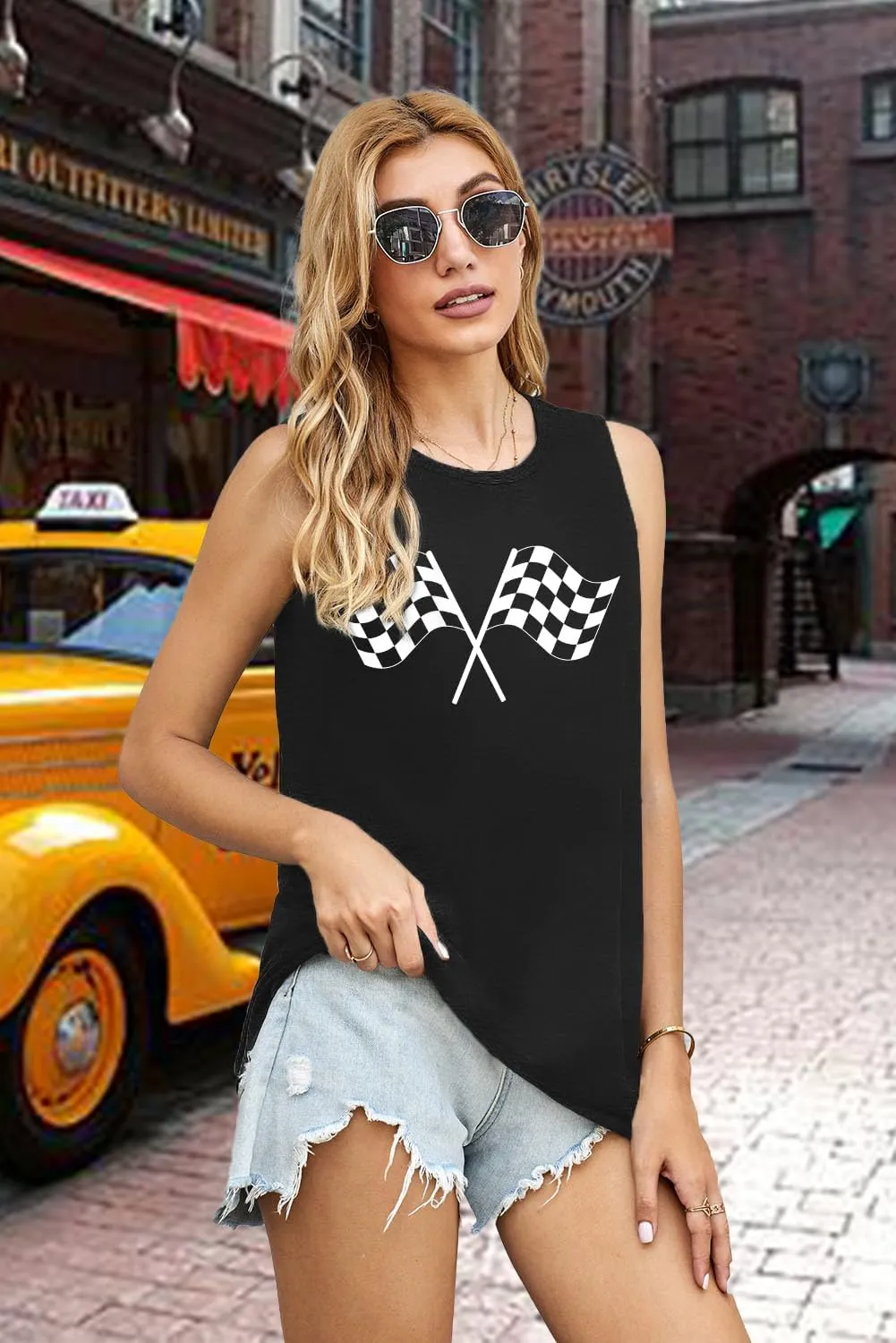 Racing Tank Tops for Women: Checkered Flag Graphic Car Shirt Race Lover Sleeveless Shirts Summer Race Day Vest