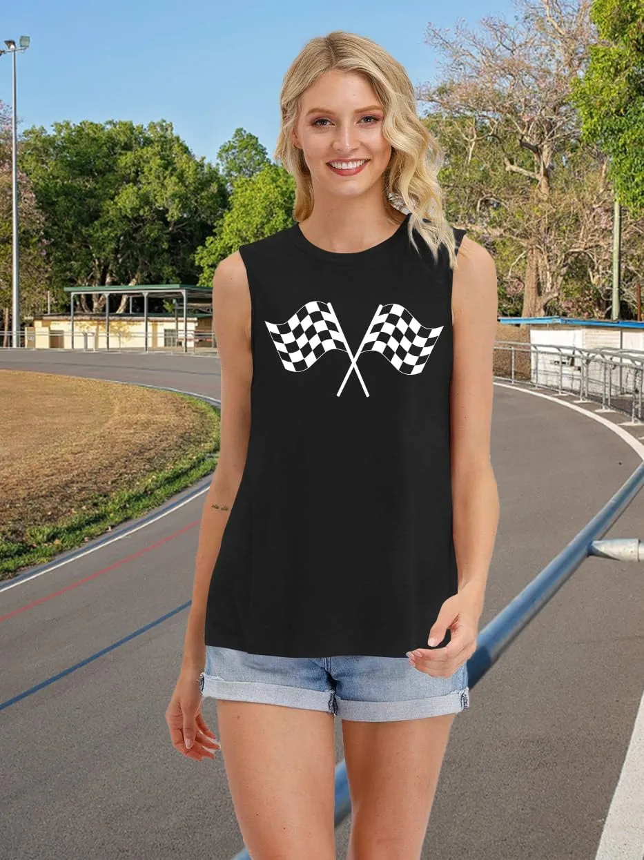 Racing Tank Tops for Women: Checkered Flag Graphic Car Shirt Race Lover Sleeveless Shirts Summer Race Day Vest