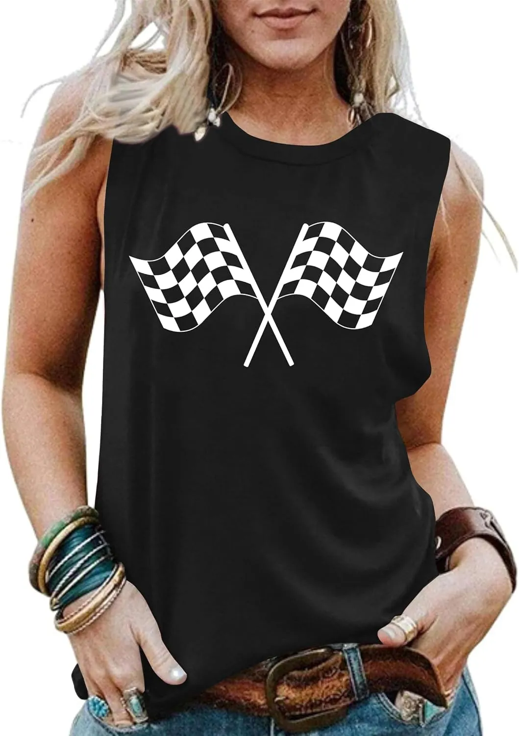 Racing Tank Tops for Women: Checkered Flag Graphic Car Shirt Race Lover Sleeveless Shirts Summer Race Day Vest