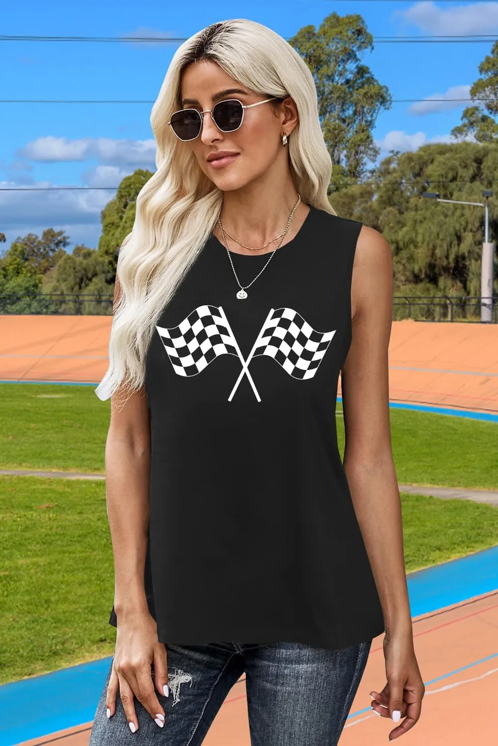 Racing Tank Tops for Women: Checkered Flag Graphic Car Shirt Race Lover Sleeveless Shirts Summer Race Day Vest