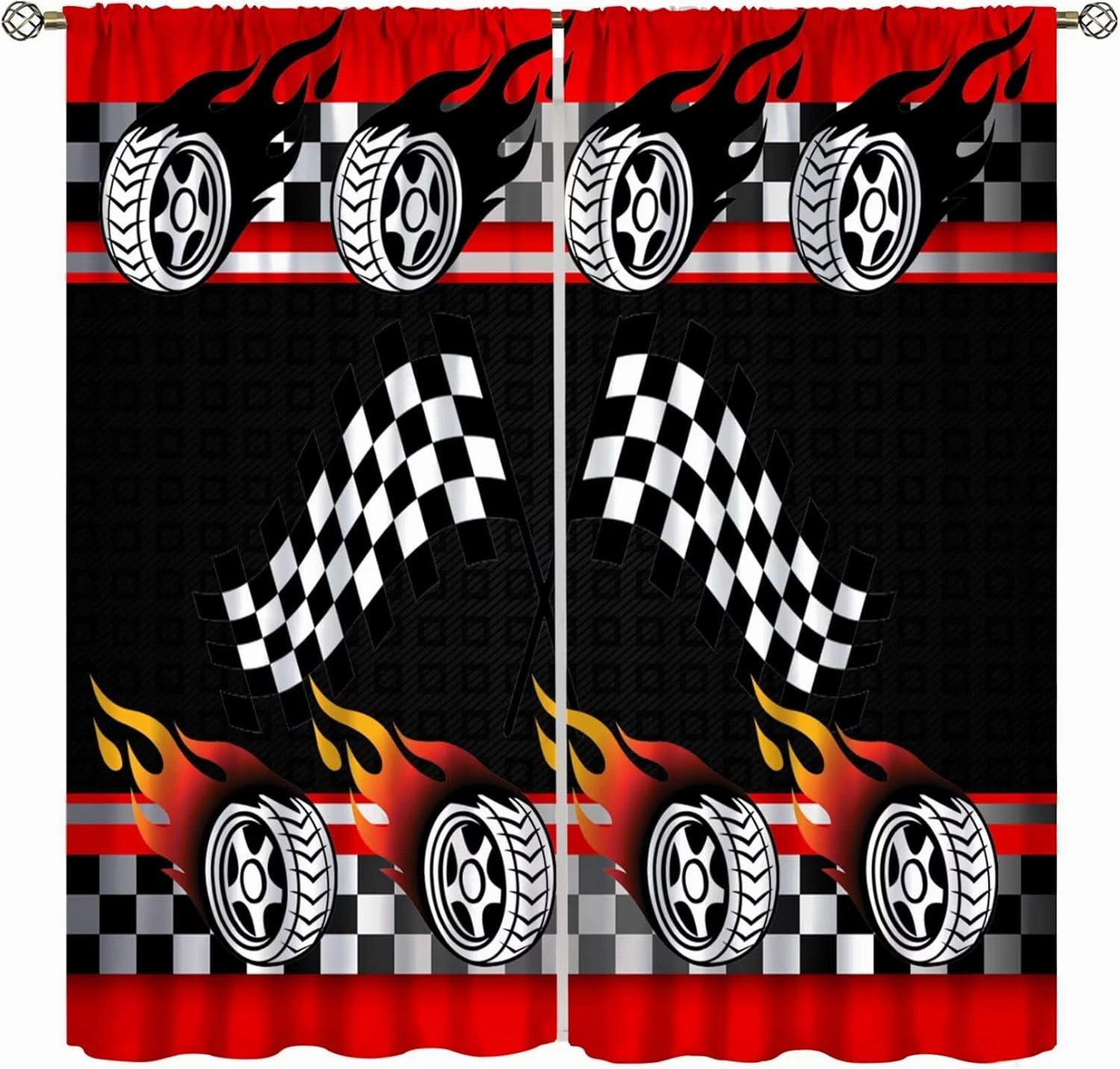 Racing Kids Curtains Boys Red Racing Bedroom Curtains Race Track Flag Pattern Living Room Curtains Set of 2 42x45 Inches