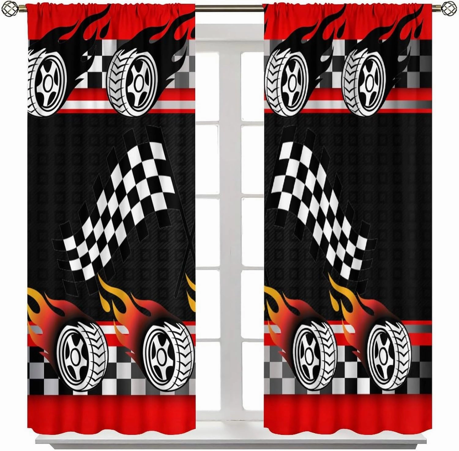 Racing Kids Curtains Boys Red Racing Bedroom Curtains Race Track Flag Pattern Living Room Curtains Set of 2 42x45 Inches
