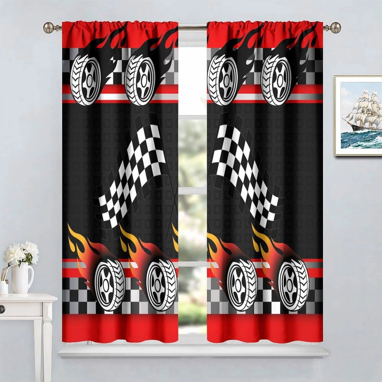 Racing Kids Curtains Boys Red Racing Bedroom Curtains Race Track Flag Pattern Living Room Curtains Set of 2 42x45 Inches