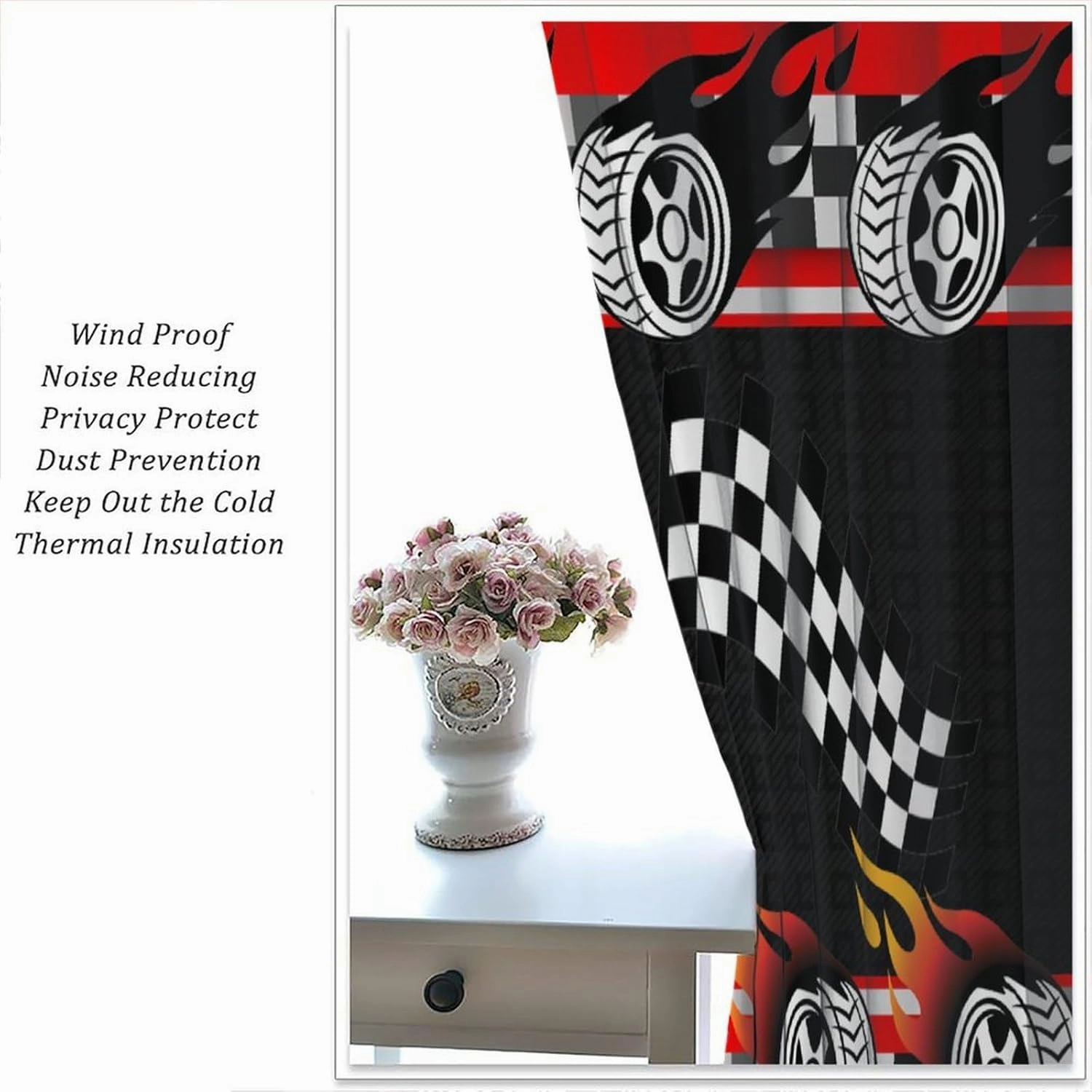 Racing Kids Curtains Boys Red Racing Bedroom Curtains Race Track Flag Pattern Living Room Curtains Set of 2 42x45 Inches