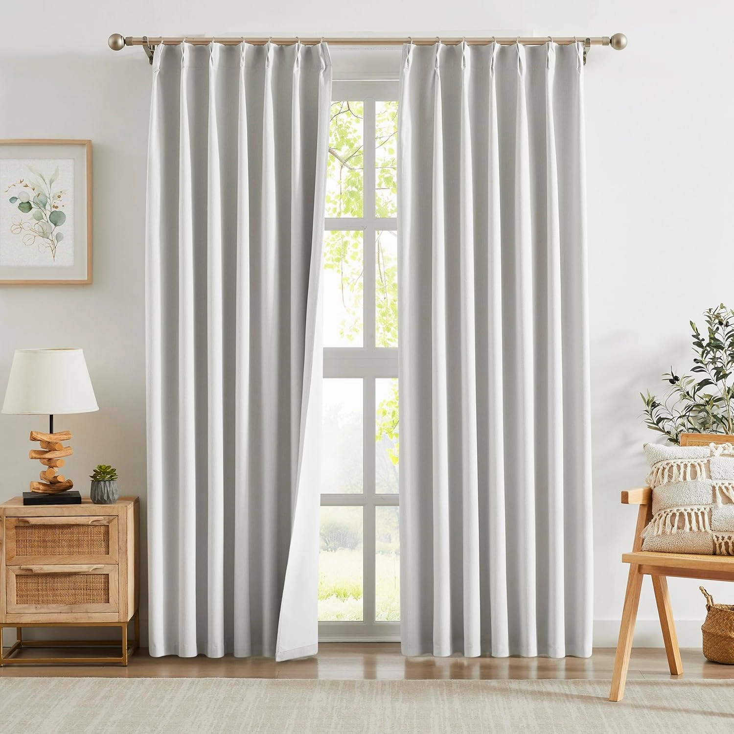 Randall Pinch Pleated 100% Blackout Window Curtains 108 Inch for Bedroom Living Room Cream White Linen Textured Light Blocking Drapes Thermal Insulated Back Tab Window Treatment, 2 Panels, 38"Wx108"L