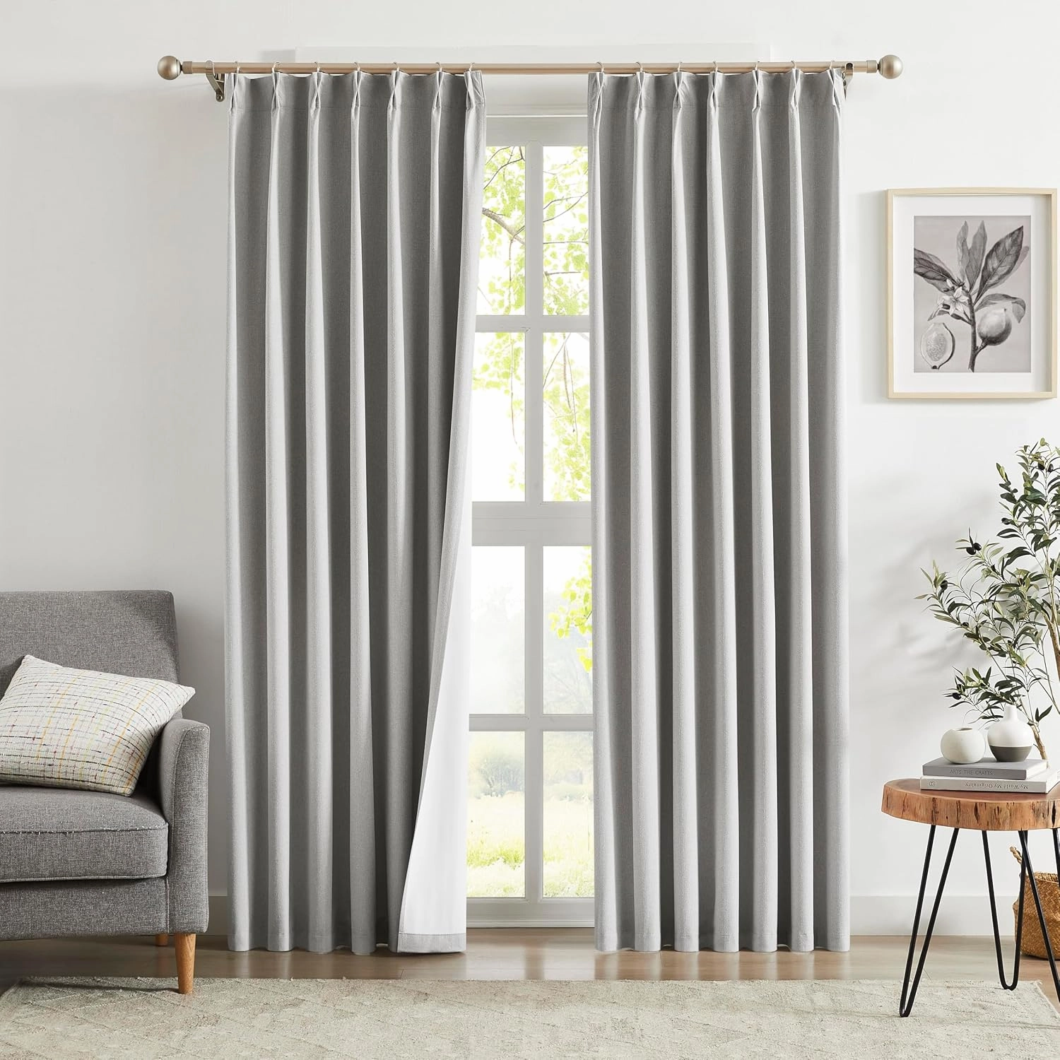 Randall Pinch Pleated 100% Blackout Window Curtains 108 Inch for Bedroom Living Room Silver Grey Linen Textured Light Blocking Drapes Thermal Insulated Back Tab Window Treatment, 2 Panels, 38"Wx108"L