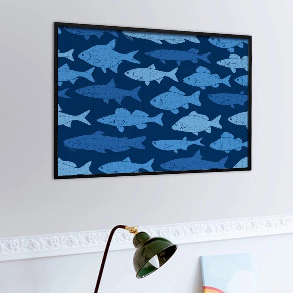 Rashu Jigsaw Puzzles for Adult Large PictureSilhouettes River Fishes Dark BlueWooden Puzzles Intelligent Education Brain Puzzles Game Home Wall Decor 500 pcs