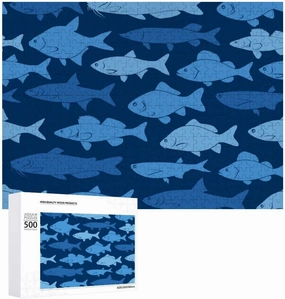 Rashu Jigsaw Puzzles for Adult Large PictureSilhouettes River Fishes Dark BlueWooden Puzzles Intelligent Education Brain Puzzles Game Home Wall Decor 500 pcs